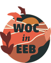 Image of the WOC in EEB logo, showing two birds and two plants around a valley and setting sun